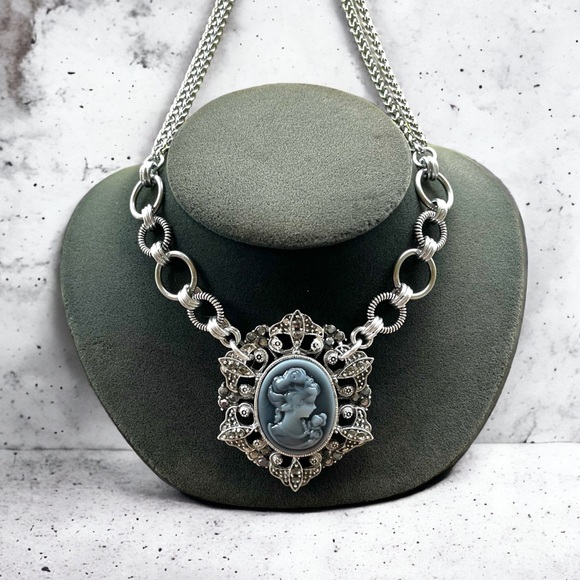 Stainless steel necklace double wheat chain blue grey cameo - Picture 3 of 11